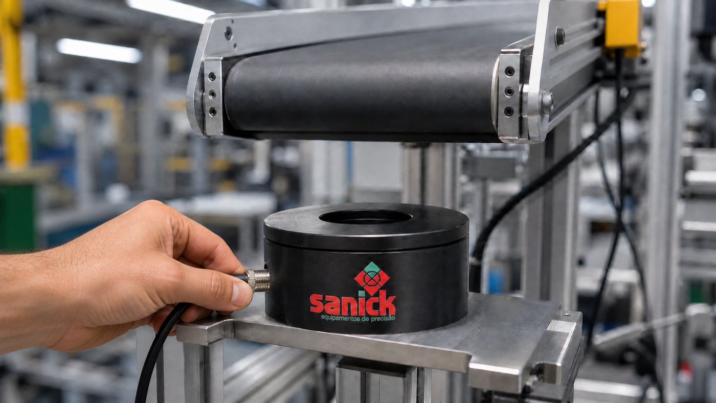 Mão conectando o cabo M12 ao sensor Sanick Intelicount instalado sobre esteira industrial