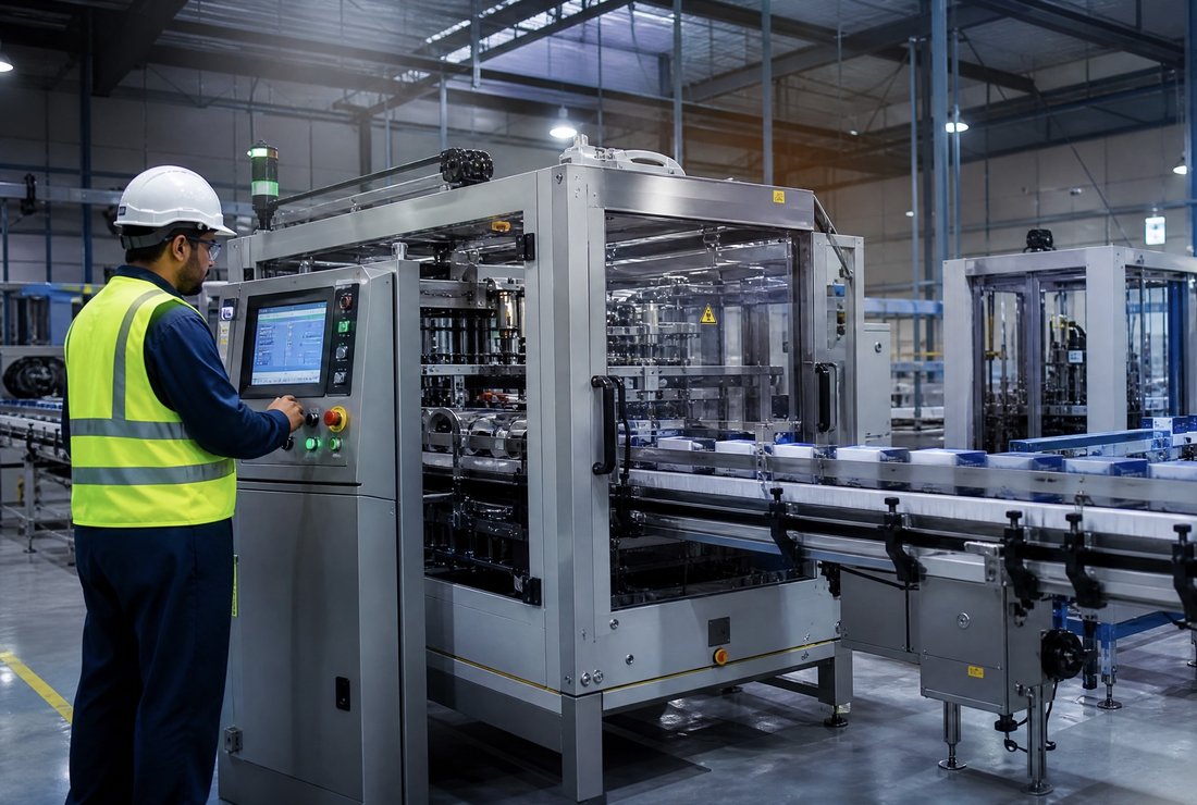 Operador com capacete de segurança supervisionando máquina industrial de envase em linha de produção