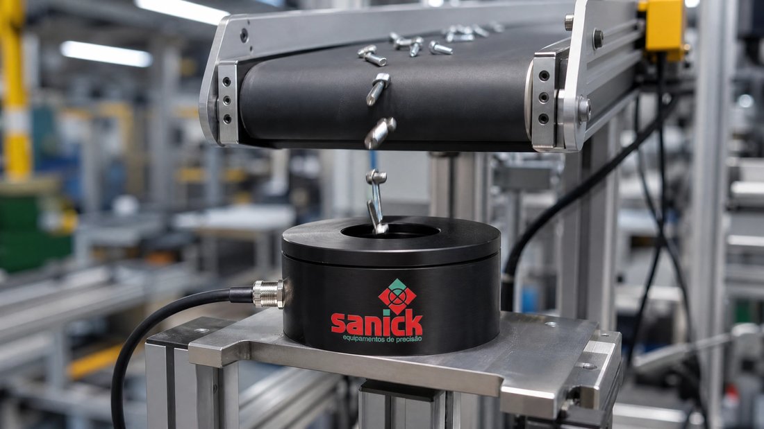 Sensor Sanick Intelicount recebendo parafuso solto por braço robótico, em teste de contagem