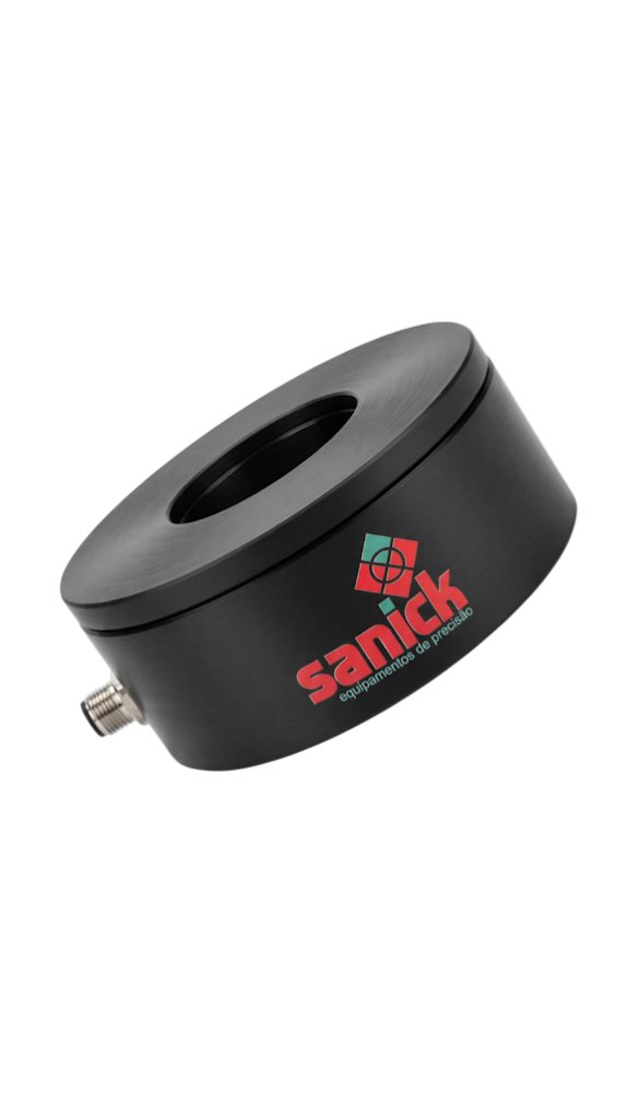 Sensor Sanick Intelicount em vista angulada, mostrando o conector M12 lateral