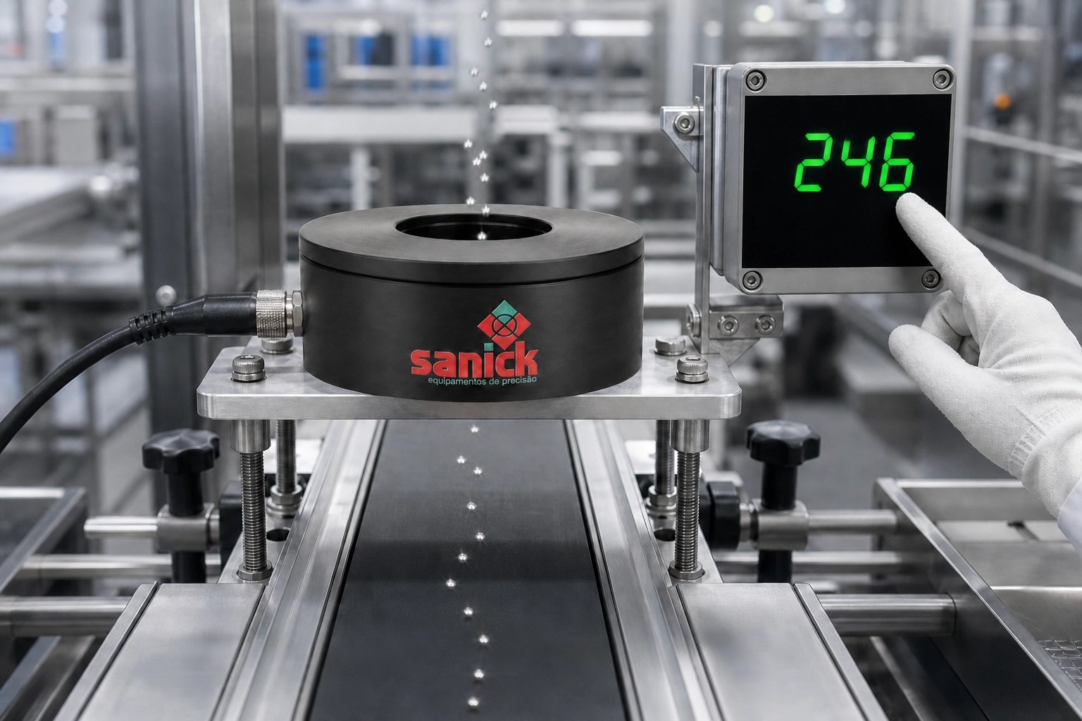 Sensor Sanick Intelicount instalado sobre esteira industrial, com display digital marcando 246 peças contadas